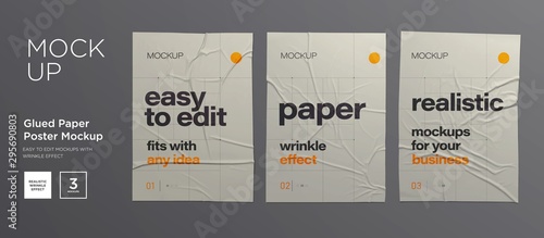 Wrinkled poster template set. Glued paper. Vector Realistic wet wrinkled posters mockup