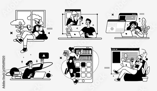 Online Education Business Concept illustrations. Collection of scenes with men and women taking part in activities of educating or instructing. Outline vector illustration.