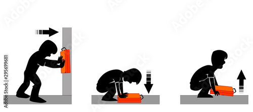 Silhouette man pushes box suitcase, pushing on top, lifting up. Push, suppression, lifting box-shaped bag. The direction of the applied force with arrows. Education physics vector illustration.