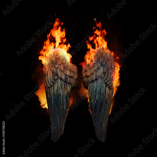 Burning angel wings, dark atmospheric mood, fantasy background