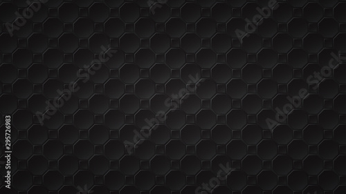 Abstract dark background of black octagon and square tiles with gray gaps between them