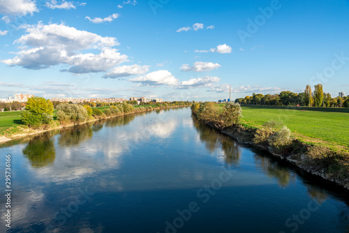 Sava river beautiful landscape near Bundek city park and Liberty Birdge, Zagreb, Croatia