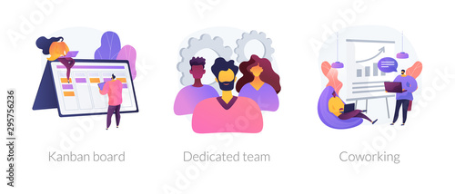 Office time management icons cartoon set. Workflow optimization. Coworkers brainstorming. Kanban board, dedicated team, coworking metaphors. Vector isolated concept metaphor illustrations