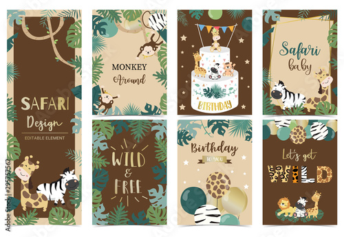 Collection of safari background set with giraffe,balloon,zebra,lion,brown.Editable vector illustration for birthday invitation,postcard and sticker.Wording include wild and free