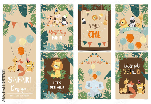 Collection of safari background set with giraffe,balloon,zebra,elephant,brown.Editable vector illustration for birthday invitation,postcard and sticker.Wording include wild and free
