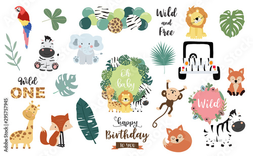 Safari object set with fox,giraffe,zebra,lion,leaves,elephant. illustration for logo,sticker,postcard,birthday invitation.Editable element