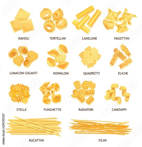 Italian pasta, spaghetti, fusilli and macaroni