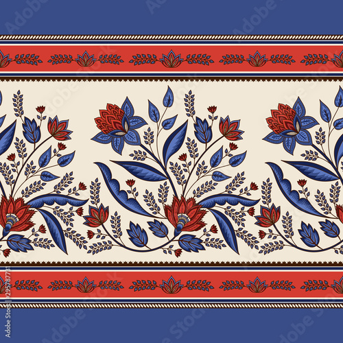 Indian floral paisley pattern vector seamless border. Tropical flowers motif for decoration chintz fabric. Vintage ornament print. Turkish ethnic design for women scarf, clothing, wallpaper.
