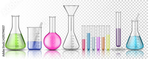 Set of isolated glassware flask or glass bottle for chemistry on transparent background. Test tube for chemical laboratory or science lab, medicine or pharmacology liquid, fluid measurement. Biology