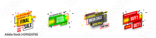 Abstract mega sale flat badges geometric shapes set. Final sale banner isolated on white background. Yellow, red, green and black colors special offer banner set. Shop now web app, poster illustration