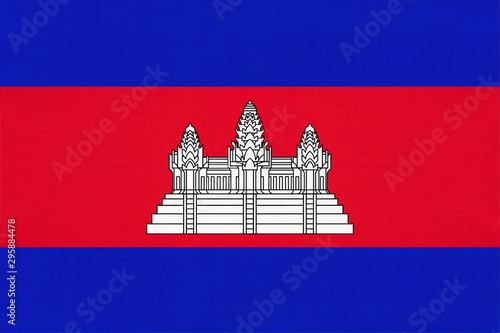 Cambodia national fabric flag, textile background. Symbol of international asian world country.