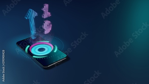 3D rendering neon holographic phone symbol of sort numeric up icon on dark background