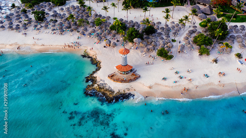 Dominican Republic Bayahibe beach Lighthouse aerial photo by drone. Crystal clear sea with beautiful beach. 