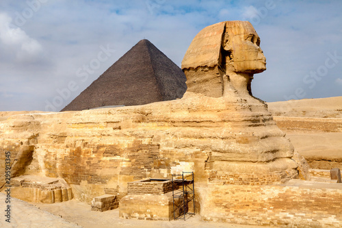 View of the Sphinx and Pyramid of Khafre near Cairo city, Egypt