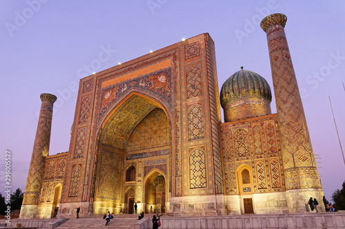 Registan Square in Samarkand, Uzbekistan at night