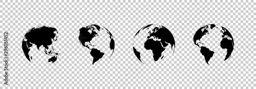 earth globe collection. set of black earth globes, isolated on transparent background. four world map icons in flat design. earth globe in modern simple style. world maps for web design. vector