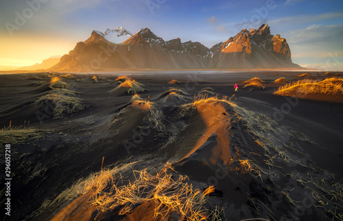 Vestrahorn mountain with black volcanic lava sand dunes at sunset, Stokksnes, Iceland