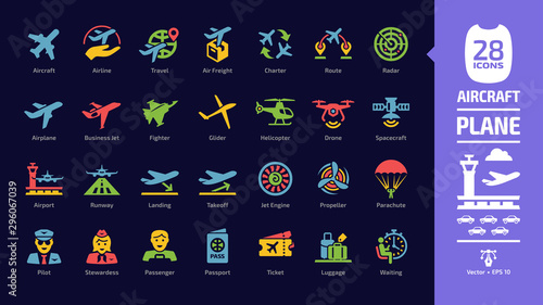 Aircraft color icon set in dark mode with flight plane glyph symbols: airplane, business jet, airport, fly aeroplane, commercial aviation, travel air, military fighter, airline, cargo aero transport.