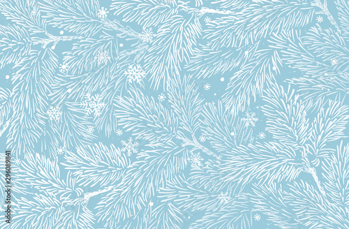 Winter holidays background with pine branches and snowflakes. Winter card design.