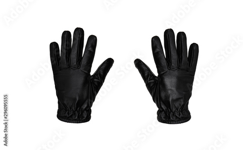 Black leather glove isolate on a white background. Black glove - keep/get gesture.