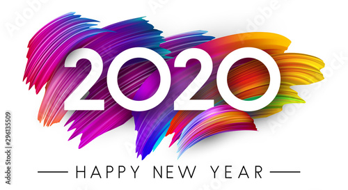 Happy New Year 2020 card with colorful brush stroke design.