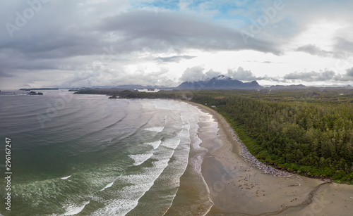 Aerial view over Tofino Pacific Rim national park with drone from above Cox Bay Vancouver Island Canada