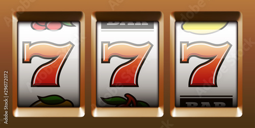 Illustration banner of mobile online casino application with 777 big win slot machine. Realistic advertising poster with online mobile app casino and Jackpot 777. Play now in One Armed Bandit banner