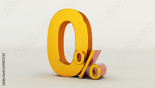 3D rendering of a golden zero percent on a white background. Sale of special offers. Discount with the price is 0%.