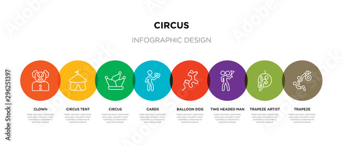 8 colorful circus outline icons set such as trapeze, trapeze artist, two headed man, balloon dog, cards, circus, circus tent, clown