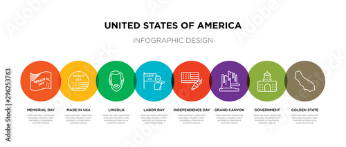 8 colorful united states of america outline icons set such as golden state, government, grand canyon, independence day, labor day, lincoln, made in usa, memorial day