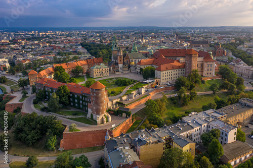 Wawel castle in Cracow at first light of sunrise - aerial view