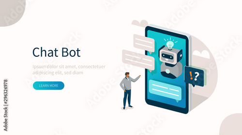  Customer having Dialog with Chat Bot on Smartphone. Man Character Chatting with Robot. Artificial Intelligence and AI Chatbot in Marketing Concept. Flat Isometric Vector Illustration. 