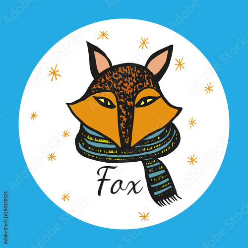 Fox in circle drawing face character vector illustration