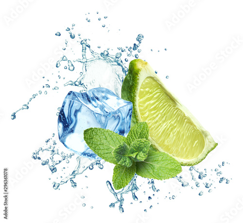 Ice cubes, mint leaves, water splash and lime on a white