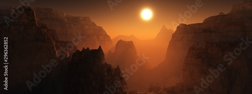Canyon of Mars at sunset. Alien landscape. 3d rendering.