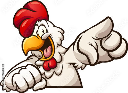 Happy cartoon chicken pointing at camera clip art. Vector illustration with simple gradients. All in a single layer. 