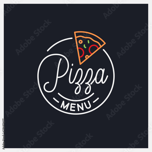Pizza menu logo. Round linear logo of pizza slice