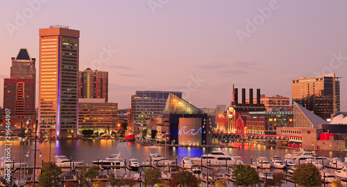 Colorful Baltimore skyline over the Inner Harbor at dusk, USA