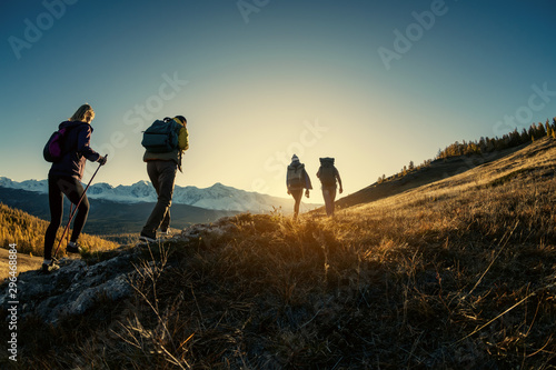 Group of hikers walks in mountains at sunset