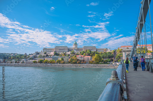 Famous Bridge on Danube river in Budapest city. Hungary. Urban landscape panorama with old building and Buda Castle 
