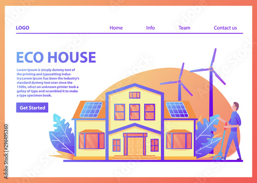 Landing page template.Green energy eco friendly suburban american house.Solar panel, wind power turbine.Family home facade.Flat vector.Web page.Website template.Young man includes character cartoon.