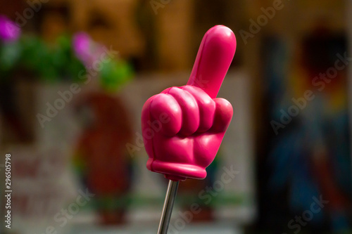 Rubber hand on a stick of a tourist guide