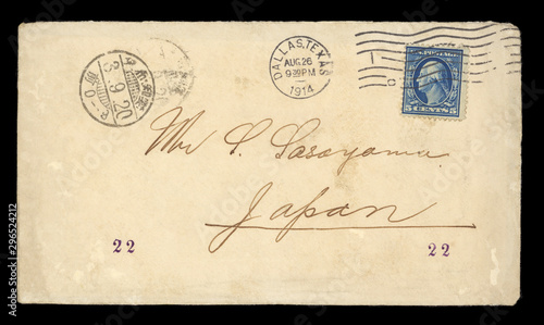 Briefumschlag envelope post letter mail US Amerika Japan Dallas Texas 1914 Vintage Retro Sasoyama 5 cents Briefmarken stamps 22 antik 5 cents Profil blau