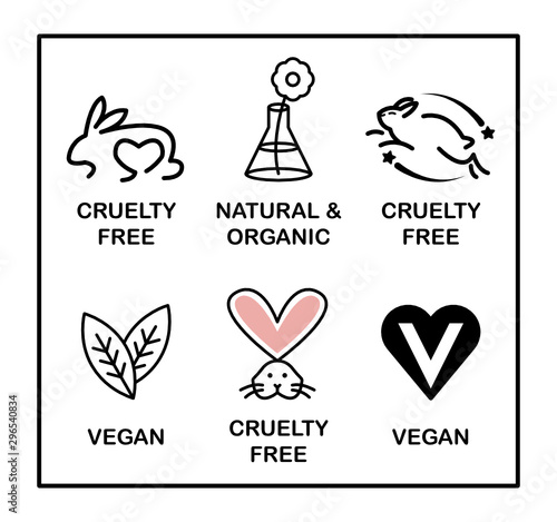 Set of 6 icons-badges: Vegan, Cruelty Free, Organic and Natural.