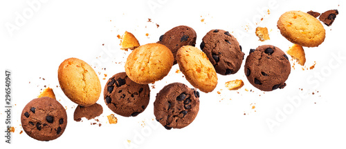 Falling broken chip cookies isolated on white background with clipping path, flying biscuits