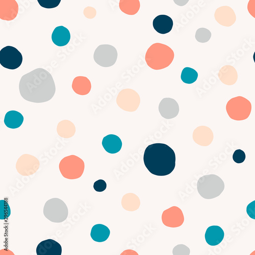 Polka dot, circles hand drawn vector seamless pattern. Circular geometrical simple texture. Multicolored shapes on light background. Minimalist abstract wallpaper, background textile design