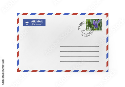 White paper envelope for letter - American Air Mail style with blue and red border. Front side of envelope stamped.