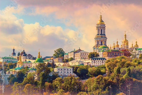 Kiev, Ukraine. Cupolas of Pechersk Lavra Monastery and river Dniepr panoramic city