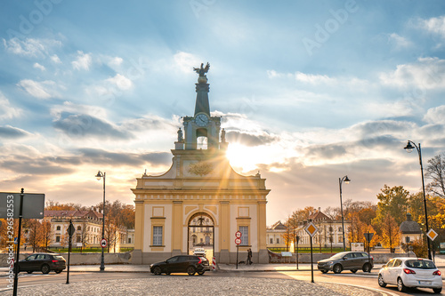  Branicki Palace in Bialystok in Poland at sunlight in autumn scenery. The entrance gate to the palace. 