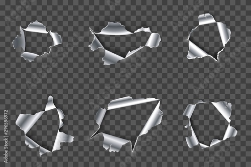 Hole in metal. Ripped steel, ragged metals holes and crack in metallic material realistic 3D vector set. Fractured silver metallic gaps on transparent background. Damaged iron cliparts collection